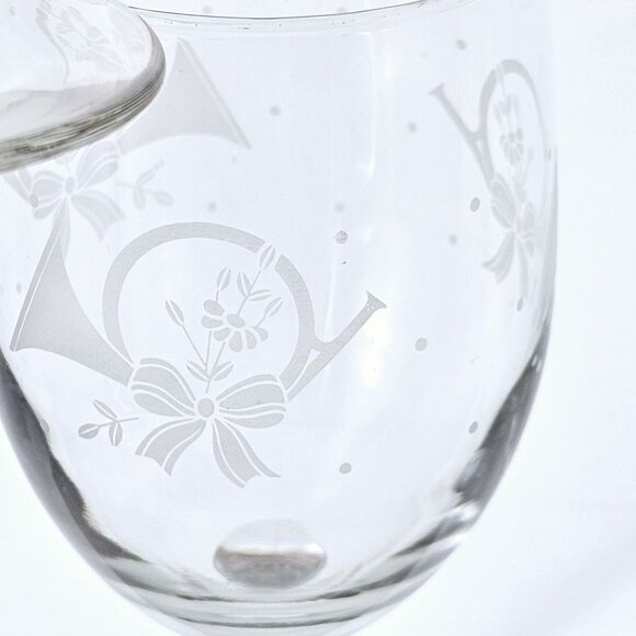 Princess House French Horn Wine Glasses Goblets 7" etched horn ribbon poinsettia - Picture 3 of 8